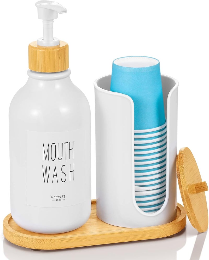 VITVITI Mouthwash Dispenser for Bathroom, Mouth Wash Pump Bottle with Paper Cup Holder, 17Oz Refillable White Mouthwash Container with Bamboo Lid/Tray/Label - Image 1